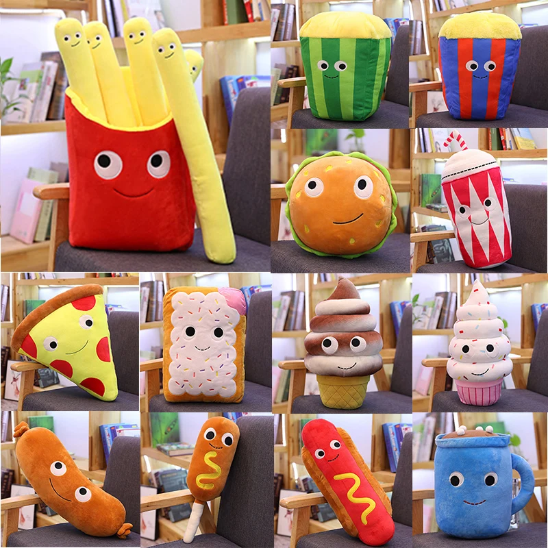 

Funny Food Plush Simulated Stuffed Snack Pillows Cushion Props Sausage Pizza Hamburger Tea Popcorn Biscuit Hot Dog Ice Cream