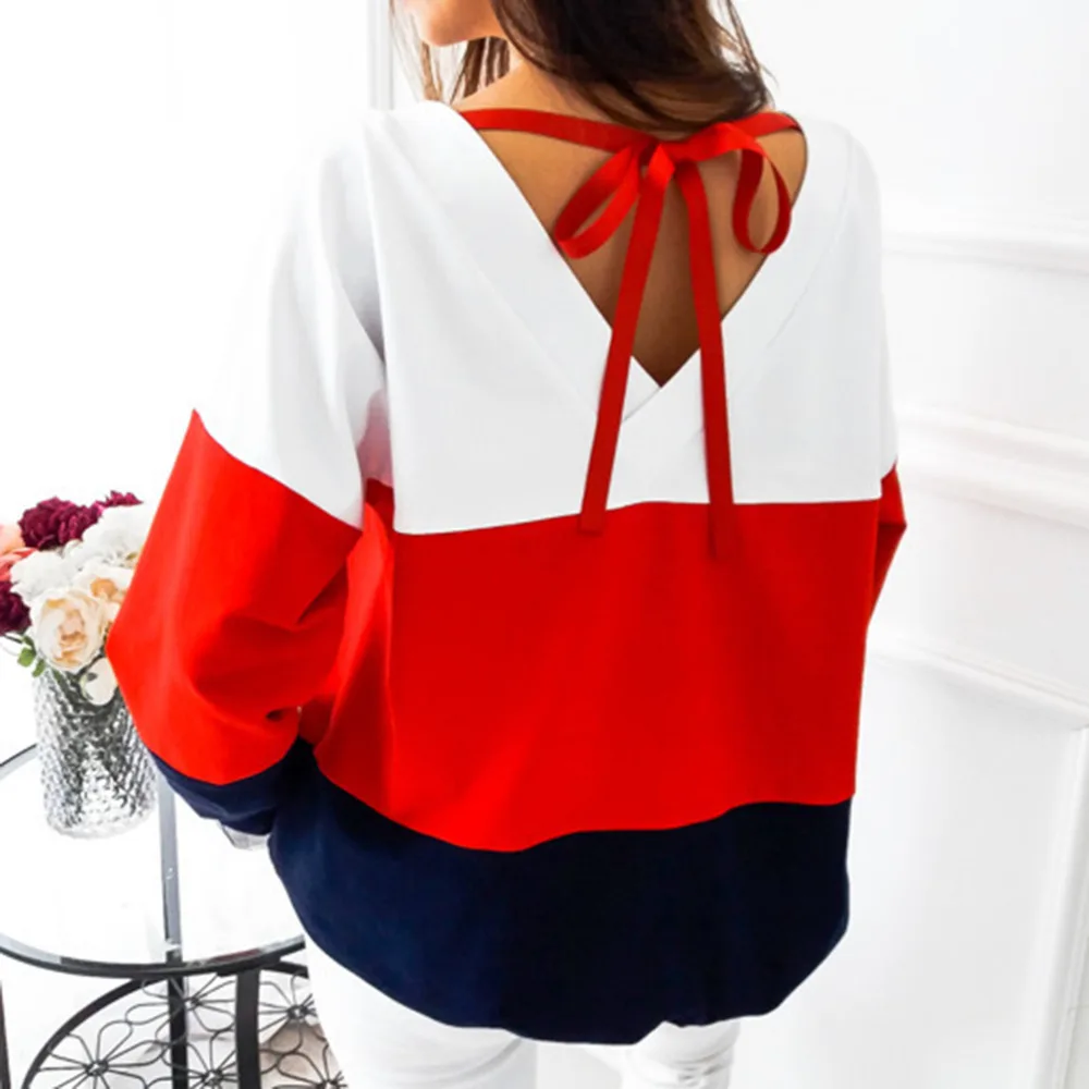 JOYINPARTY Lace up Bandage Long Sleeve Sweatshirt Loose Casual Tops Tee Shirt Pullovers Femme 2018 blue/pink/red/green | Женская одежда