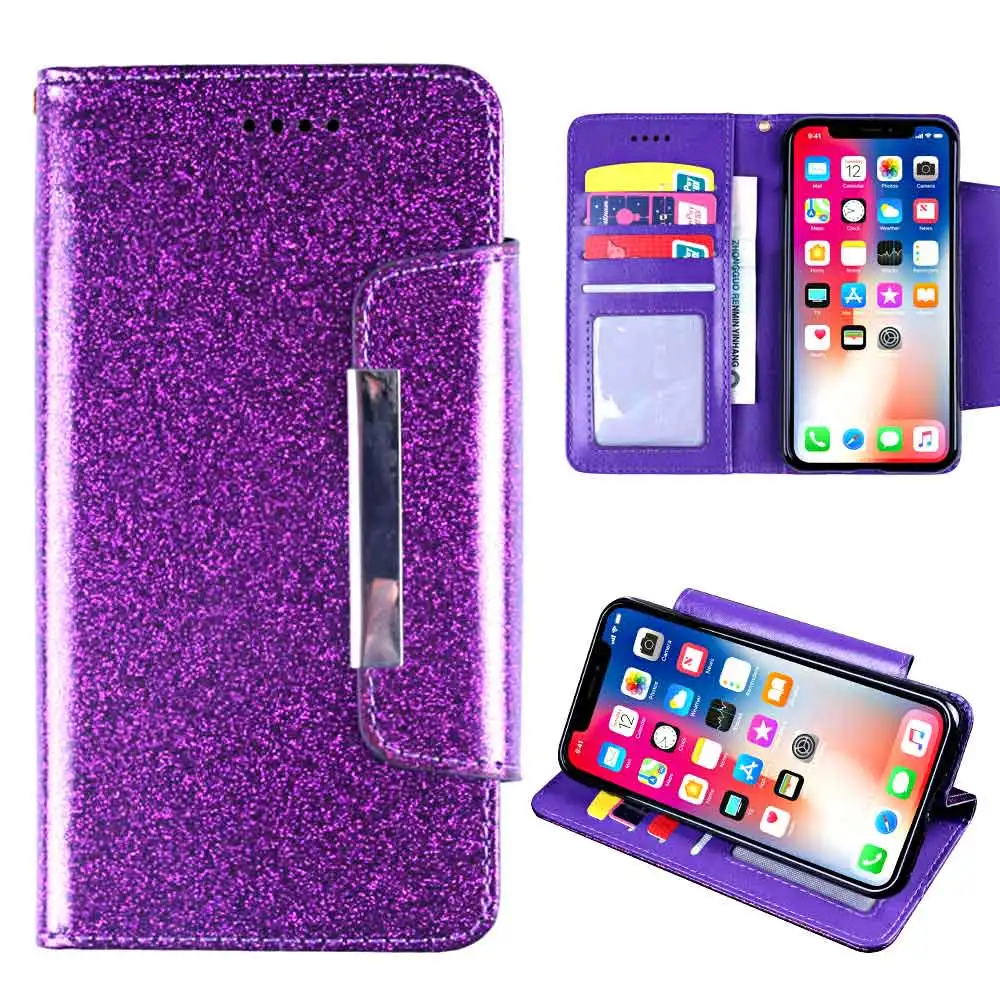 

For ASUS ZenFone Max Shot (ZB634KL) Wallet Case Glitter with Card Pocket Kickstand Glossy Cover with Lanyard Rhinestone Case