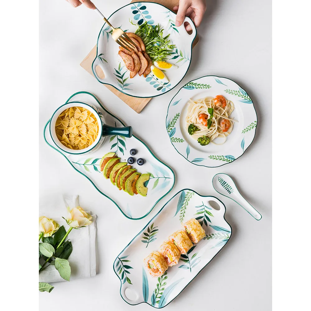 8 дюймов керамические обеденные тарелки растительные Листья Лист напечатанный под глазурованной фарфоровой кружкой чашки чаши посуда и тарелки столовые приборы посуда