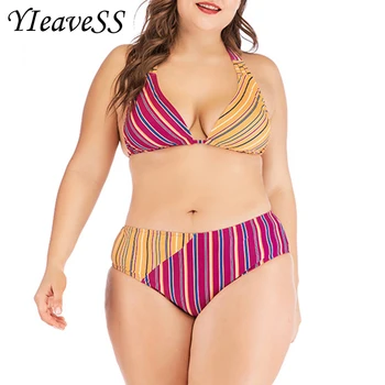 

2019 Retro Plus Size Tankini Women Striped Halter Crossed Two Pieces Swimwear Big Cup Push Up Vintage Bathing Suit Large Biquini