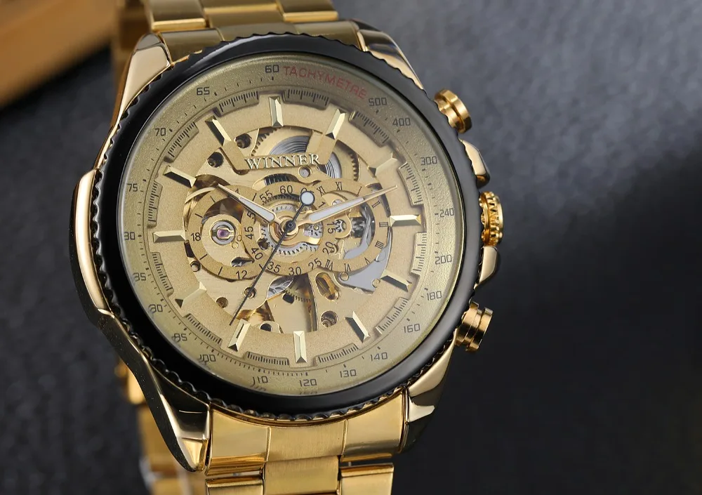 Top Brand Luxury Gold WINNER Men Watch Cool Mechanical Automatic Wristwatch Stainless Steel Band Male Clock Skeleton Roman Dial Mechanical Watch