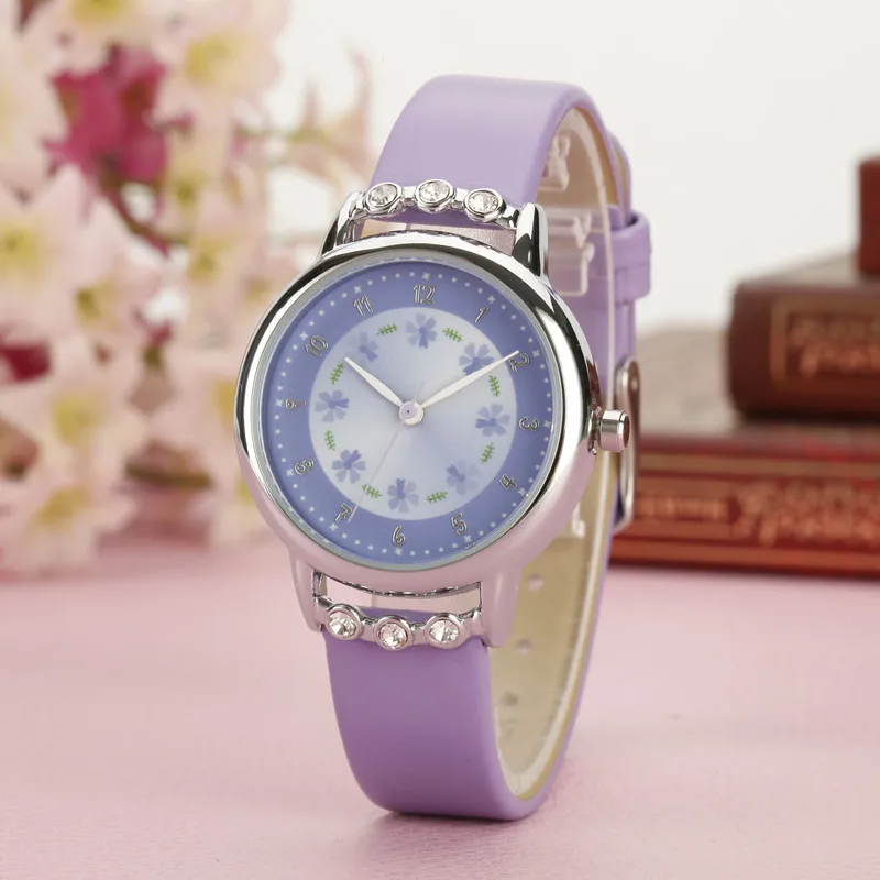 

Fashion Children Kids Girls Watch Rhinestone Flower PU Leather Strap Wristwatch Student Cartoon Quartz Watches NFE99