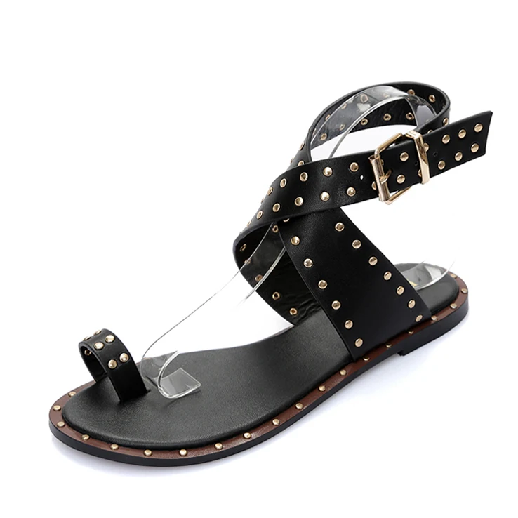 Ekoak/новые модные кожаные сандалии-гладиаторы; женские летние модельные туфли; женская пляжная обувь; сандалии на плоской подошве - Цвет: Black