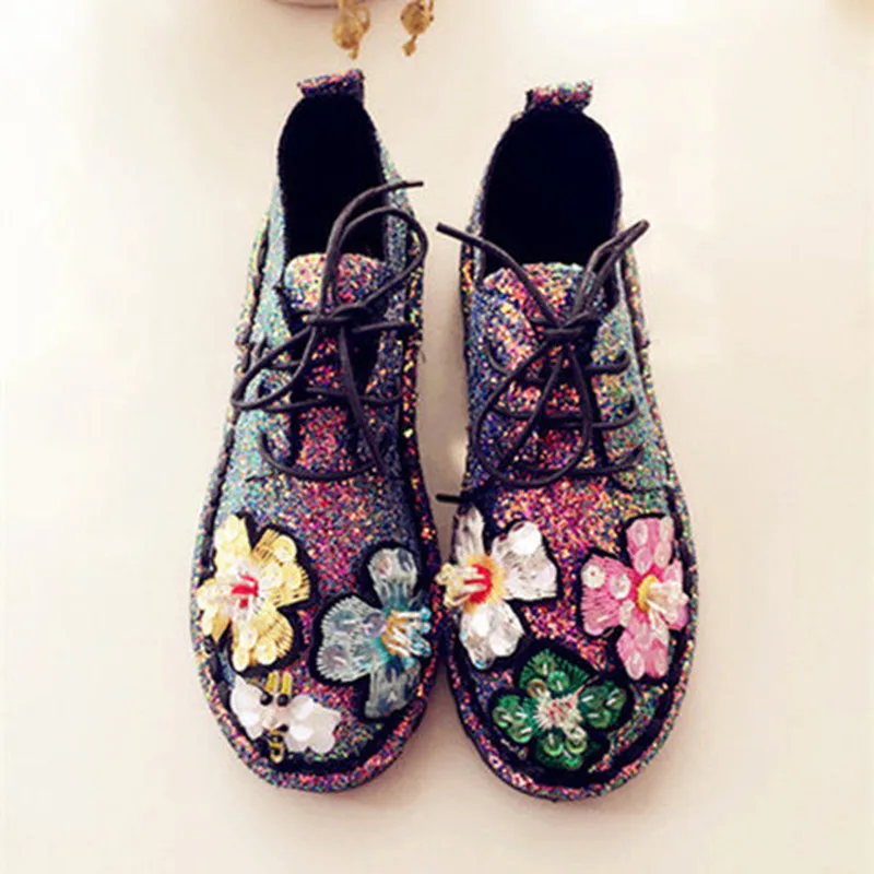 

Womens Round Toe Lace Up Bling Flowers Sequins Match Colors Flats Sneakers Shoes Girls New Fashion A1370