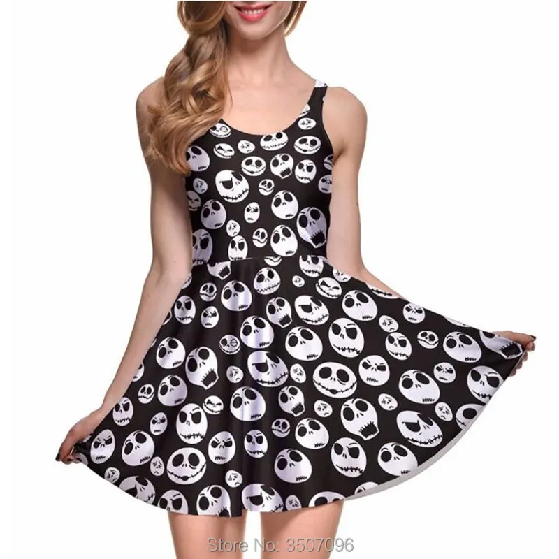 

NEW Sexy Girls Halloween Dress Jack Skellington Nightmare Before Christmas Sleeveless Skater Pleated Dress Elastic Fitness