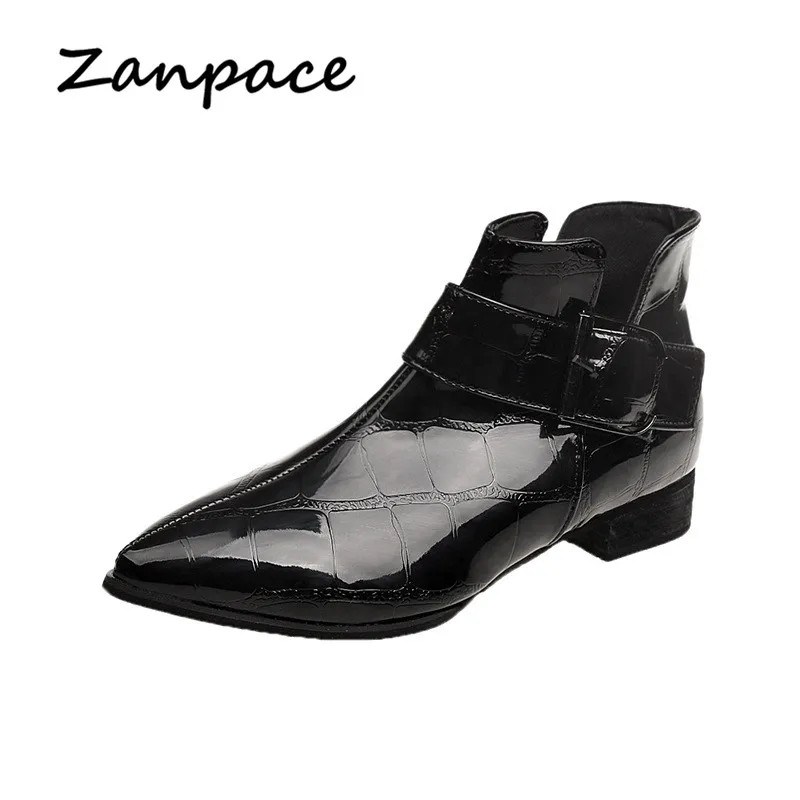 Zanpace 2019  Women Boots Retro Leather Women Shoes Spring Low Heel Shiny Boots Pointed Toe Ankle Boots Women Zapatos De Mujer