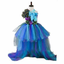 Princess Girls Peacock Party Dress Handwork Peacock Feather Baby Girls Ball Gown Trailing Dresses For Photo props Birthday girls peacock feather print bow dress