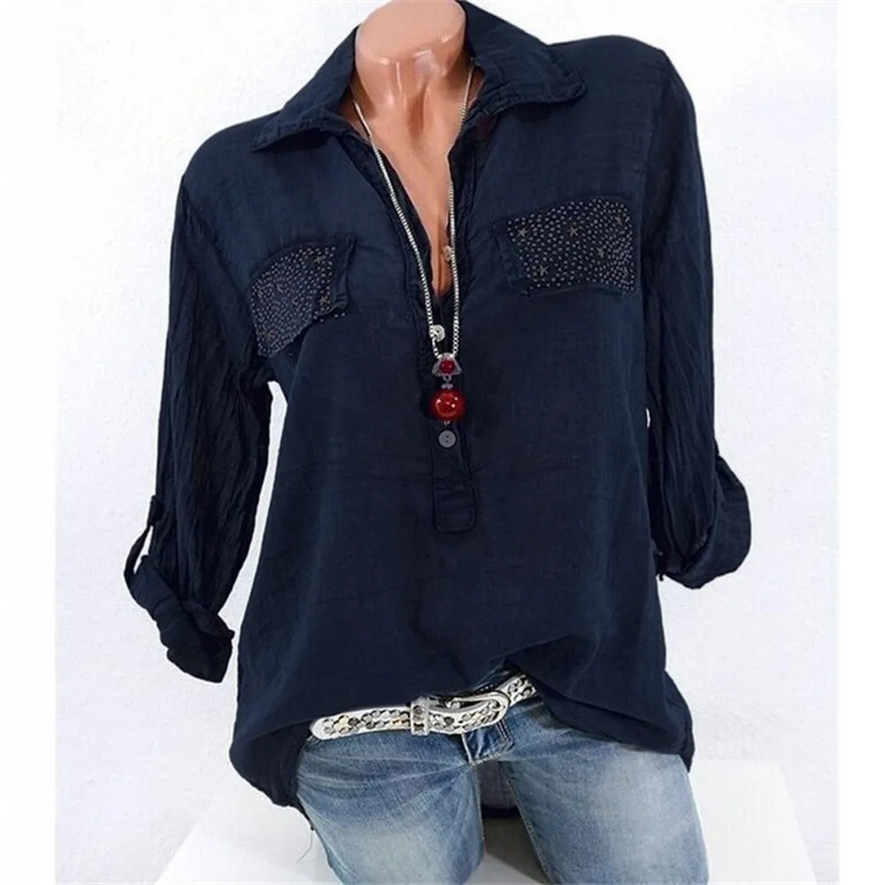 

Spring Women Blouse Fashion Vintage Female Casual Shirts halt Sleeve Solid Long Sleeves Tops Lapel Shirt Blusas Feminina Plus xL