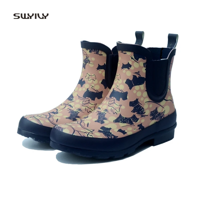 SWYIVY Rubber Rainboots Woman Lovely Dog Graffiti 2018 Autumn Winter Female Waterproof Ankle Boots Tube Water Rain Boots