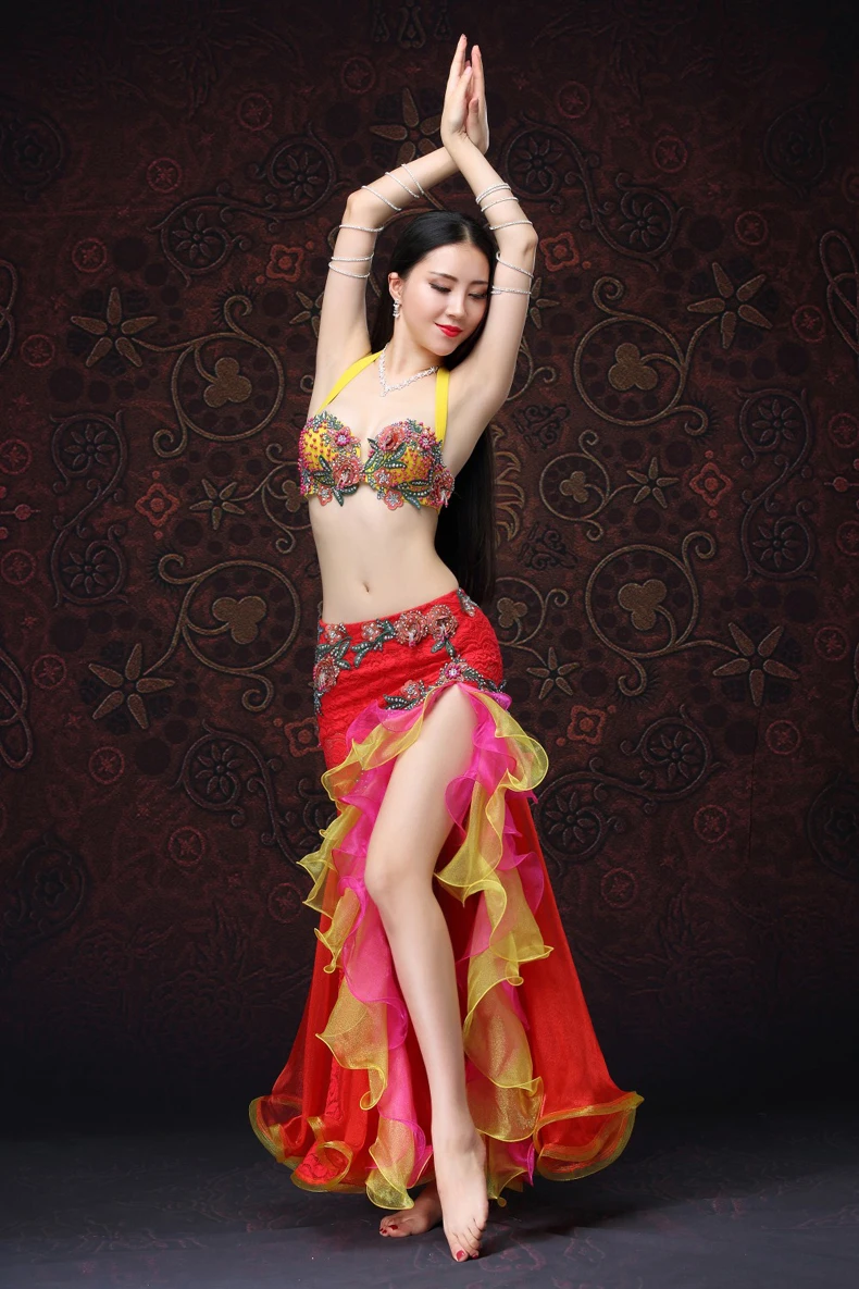 Heavy Luxury Professional Beading Belly Dancing Costumes 4PCS S M L 2 colors 