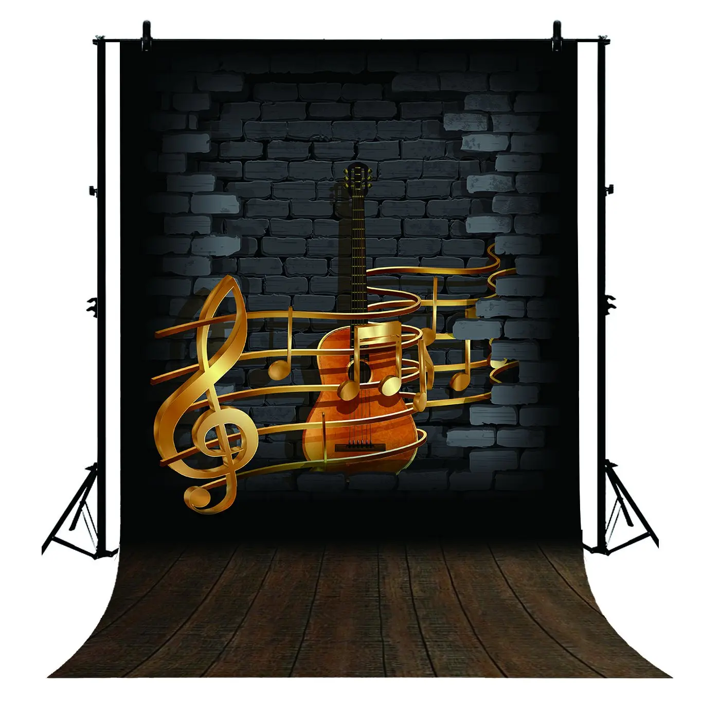 

5x7ft Retro Brick Wall Guitar Music Note Wood Floor Polyester Photo Background Portrait Backdrop