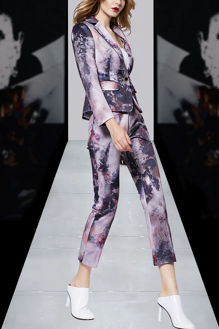 Print Women Business Suit Purple Color Pants Set 2017 01