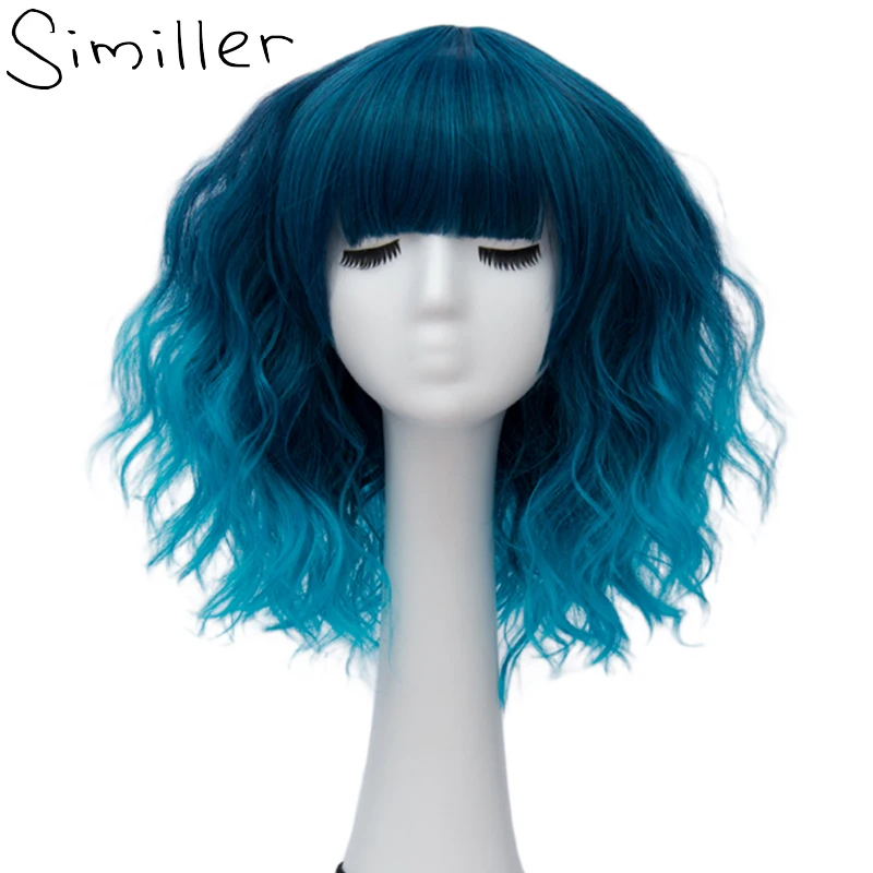 Pаспродажа Similler Ombre Зеленый Синий Серый Вечерние парики для косплея короткие волнистые волосы синтетические парики для черных женщин 14