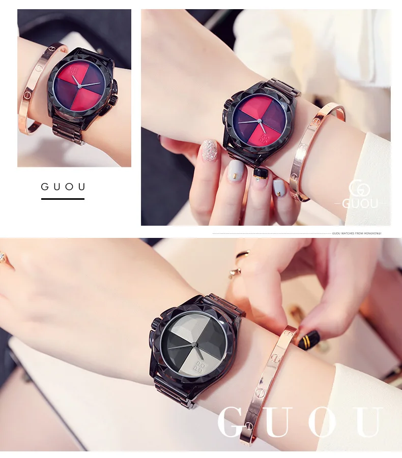 Guou Роскошные брендовые модные черные стальные Простые Подарочные наручные часы для девушек женские кварцевые часы женские наручные часы Reloj Mujer