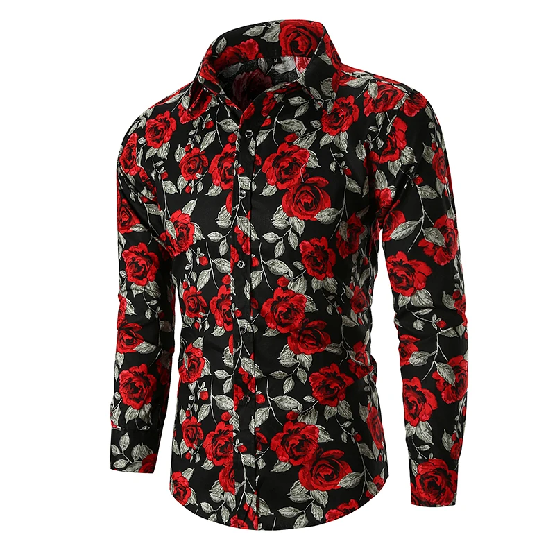 

New Men's Luxury Long Sleeve Casual Rose Flowers Print Shirts Spring Autumn Long Sleeve Slim Fit Formal Business Dress Shirts