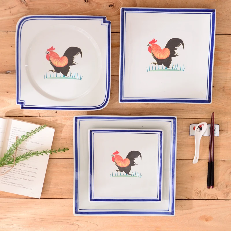 

For Chinese restaurants tableware big red Cock pattern Household Dish Ceramic Chinese Tab Dinnerware Pasta Steak Dessert Plates
