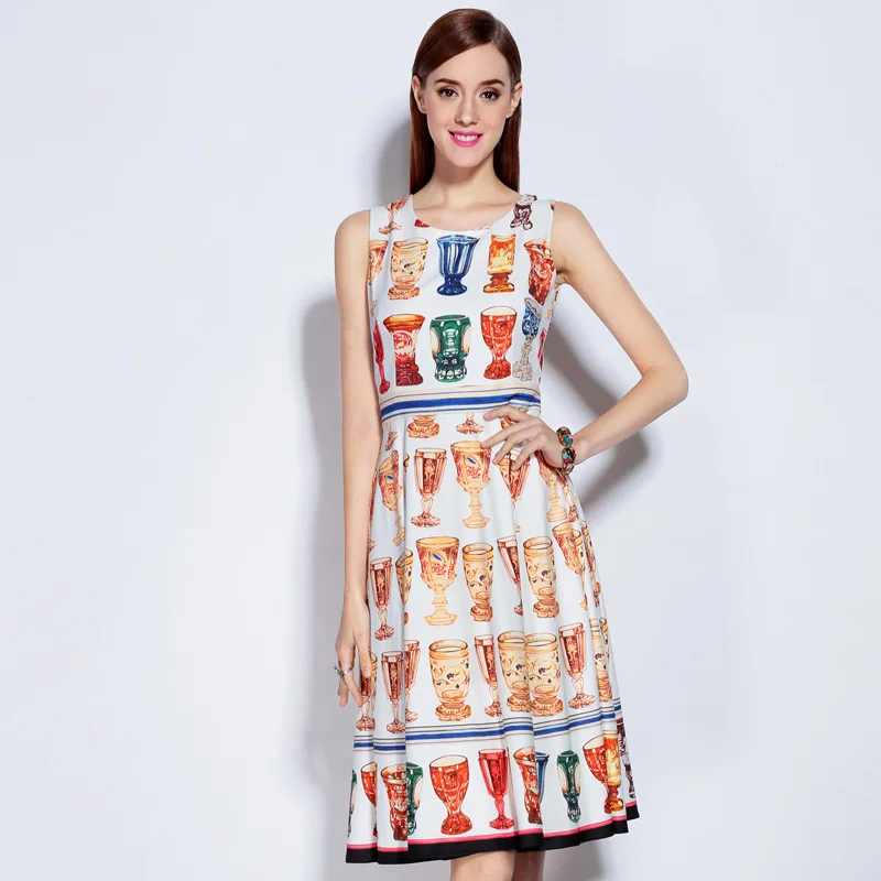 

High Quality 2018 Spring&Summer Newest Fashion O-Neck Sleeveless Wine Glasses Colorful Print Elegant Dress women