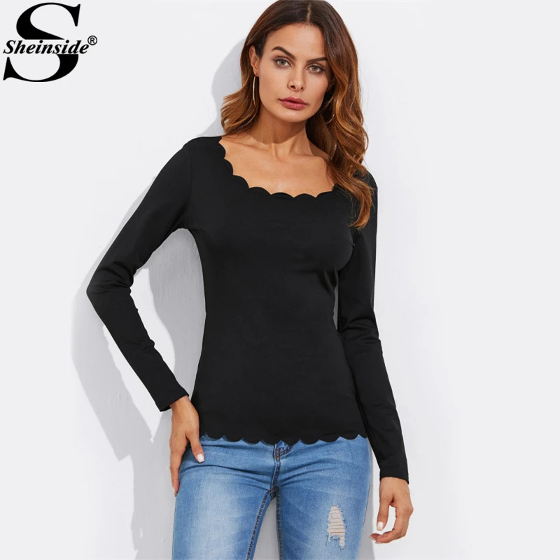 Sheinside Black Scalloped Fitting Tee Women Scoop Neck Long Sleeve ...