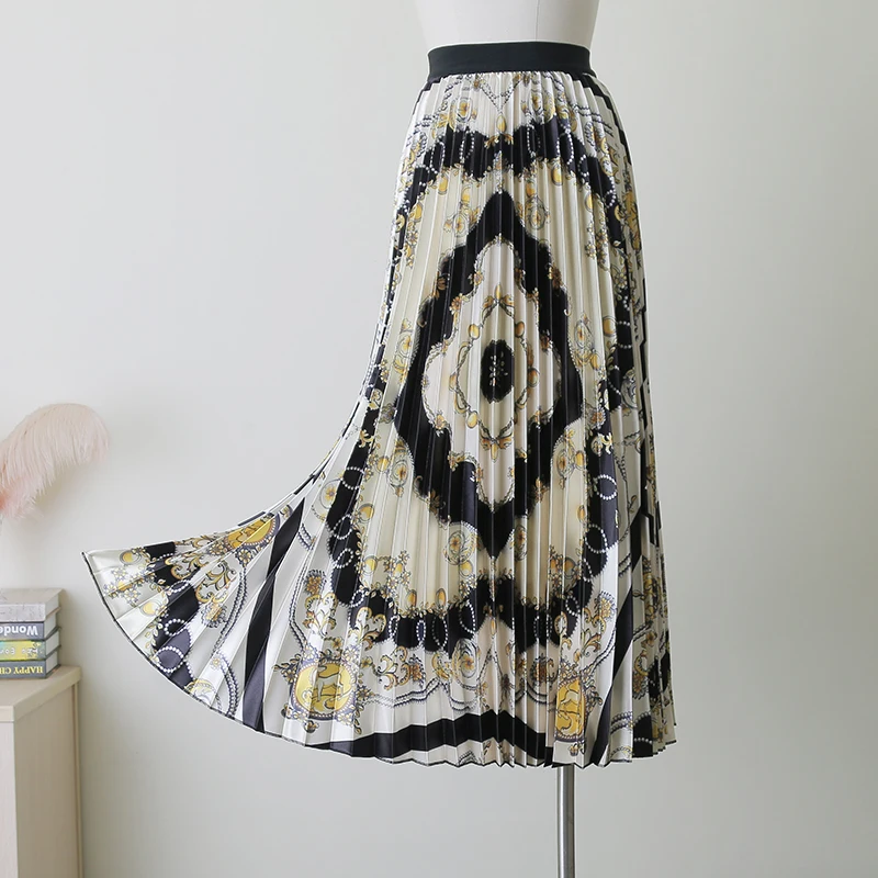 

2019 Autumn European Printing Geometric Diamond Pattern High Elasticity Pleated High Street A-line Women Long Skirts
