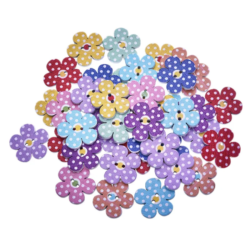 

50Pcs Flower Shaped Buttons Home Decoration Crafts Wooden Buttons SCrapbooking 2 Holes Mixed Wood Sewing Buttons 19X19MM