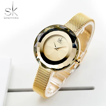 

Shengke SK Fashion Luxury Ladies Watch Prism Fac Gold Steel Mesh Quartz Women Watches Clock zegarek damski Relogio Feminino