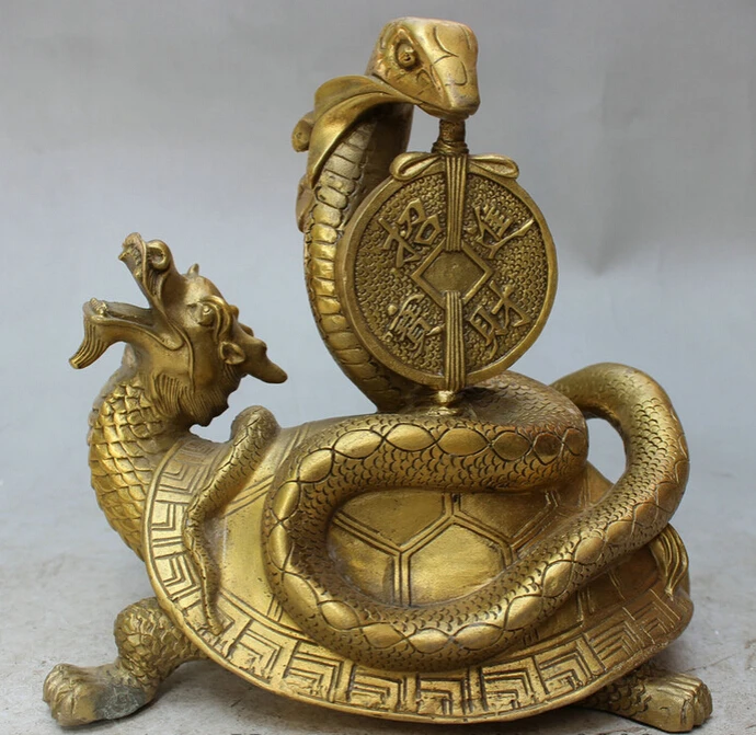 

S3404 8" Chinese Brass FengShui Wealth Snake Ride Longevity Shou Dragon Turtle Statue D0317