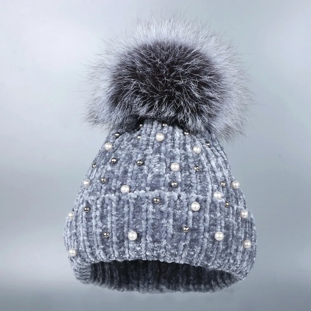 Дизайн, Женская шенилловая зимняя шапка, Лисий помпон, шапочки с натуральным животным мехом, помпоны с кристаллами, цветочные Роскошные зимние шапки для женщин