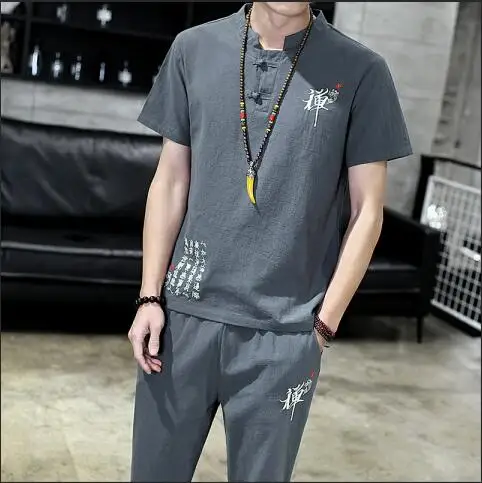 Летняя хлопковая Льняная мужская футболка с короткими рукавами и завязками на лямках, длинные штаны в китайском стиле, Мужской комплект из двух предметов, Азиатский размер - Цвет: Серый