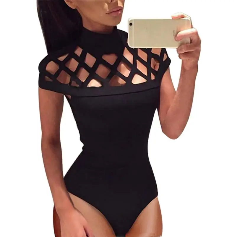 

snowshine4 # 4001 2018 Sexy Fashion Womens Skinny Polyester Solid Choker High Neck Bodycon Caged Sleeves Jumpsuit Bodysuit Tops