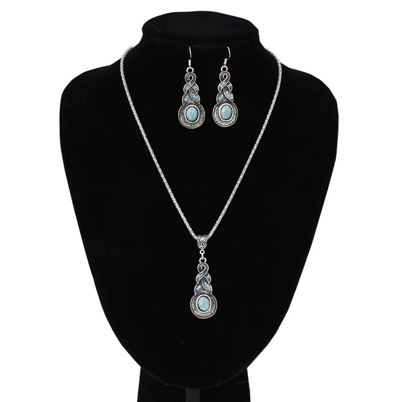 

Women Jewelery Tibetan Silver-Color CZ Crystal Chain Pendant Necklace Earrings Set Round Jewelry sets