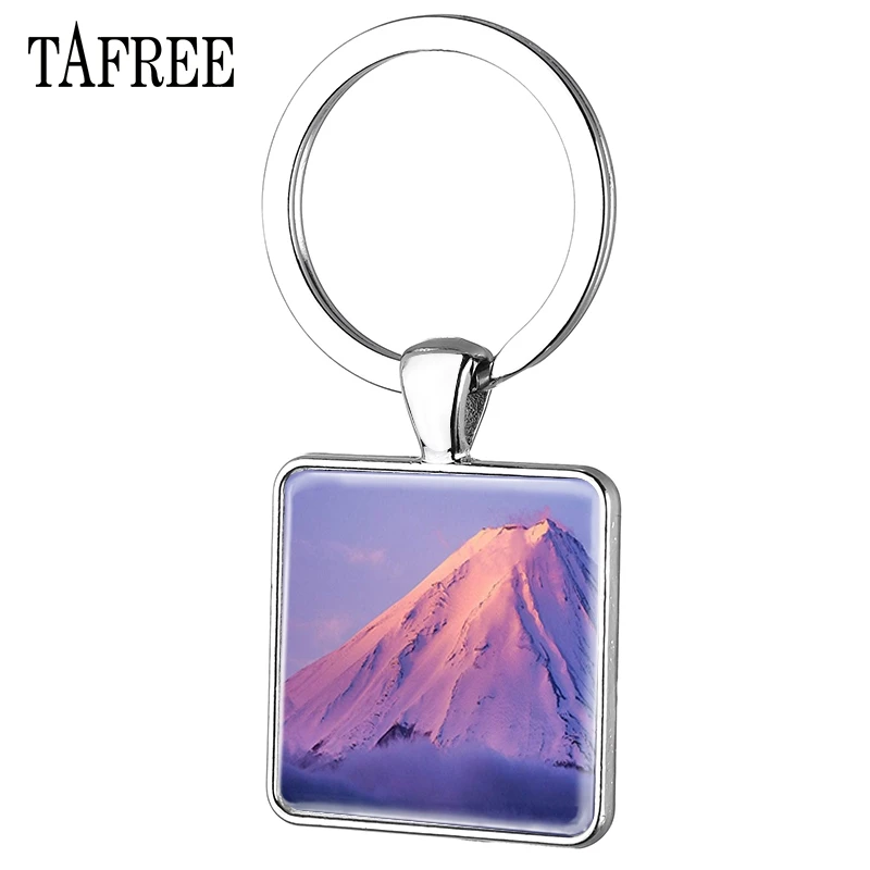 

TAFREE Mount Fuji Square Key Chain Landscape Scenery Art Picture Picture Silver Plated keychains Tourist Souvenirs jewelry FA248