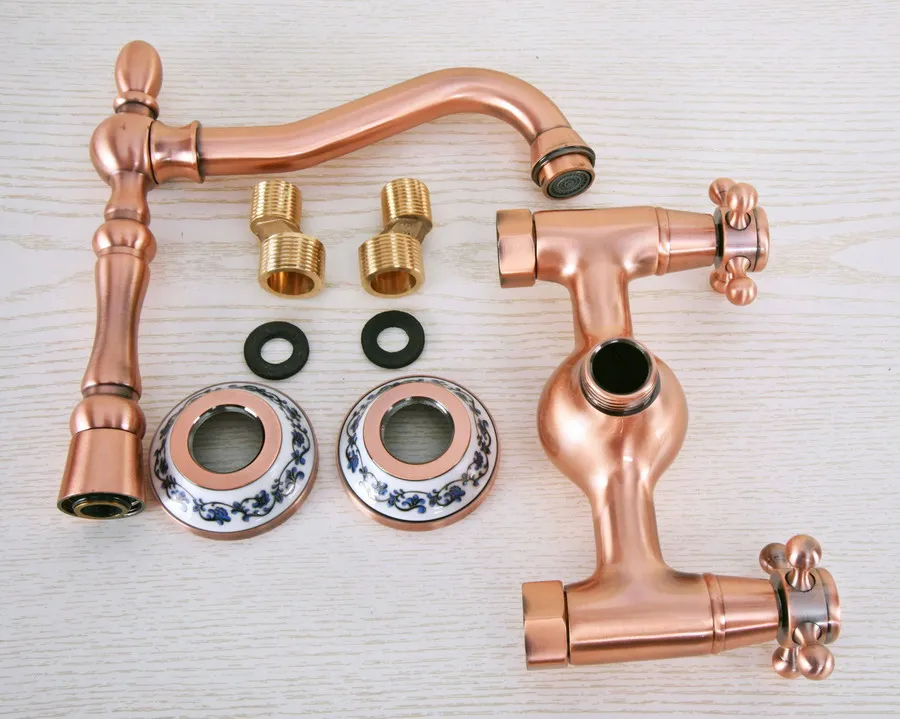 Antique Red Copper Brass Wall Mounted Bathroom Kitchen Sink Faucet Swivel Spout Mixer Tap Double Cross Handles Levers anf943
