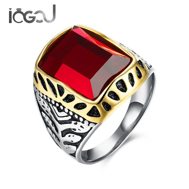 

IOGOU Fashion Stainless Steel Men Rings Red Rectangle Glass Punk Hip Hop Male Ring Classic Jewelry Anniversary Party Lover Gifts