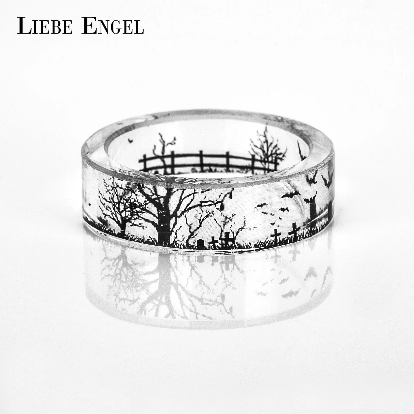 LIEBE ENGEL Cross Grave Bat Ring Men Ink Painting Scenery Inside Epoxy Resin Rings Women Finger Punk Jewelry Halloween Vintage