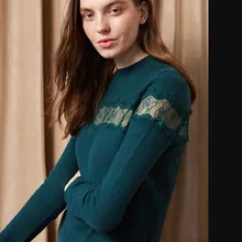 Women 100%  Wool Lace Pullover Sweater New Autumn Long Sleeve O Neck Female Pull Top Green White 