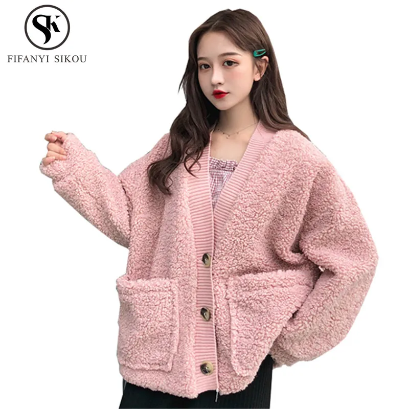 Осень Зима Женская пушистая мягкая овечья шерсть куртка пальто с v-образным вырезом однобортные толстые теплые куртки Женские базовые пальто LGP873