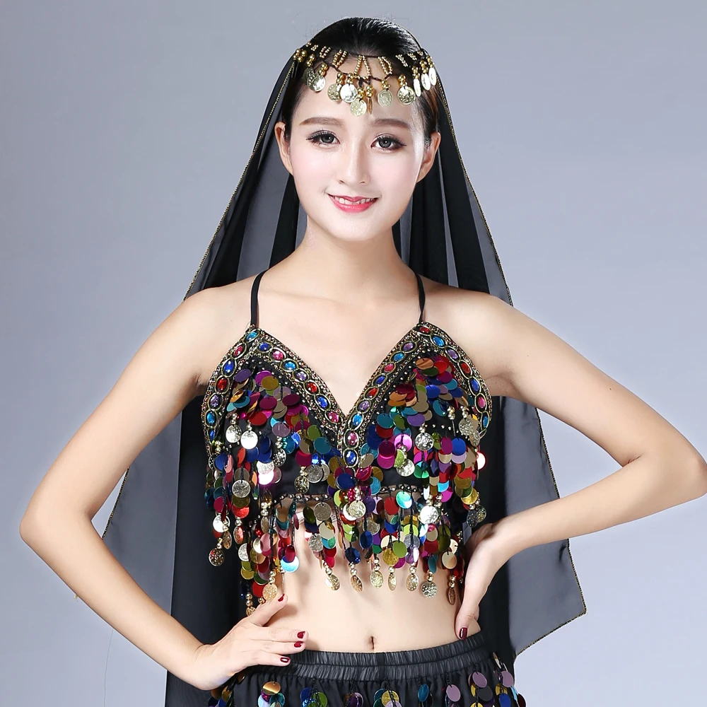 Rainbow Sequin Tassel Mermaid Mirror Festival Body Harness Bra Bralette Crop Top Beading Coins Lace-Up Chiffon Boho Cami Top