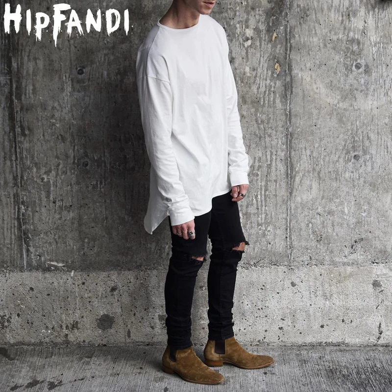 

HIPFANDI New Fashino Hip Hop Men's Extended Curved Hem Before Long After Short Cotton Long Sleeve T-shirt Solid Foundation