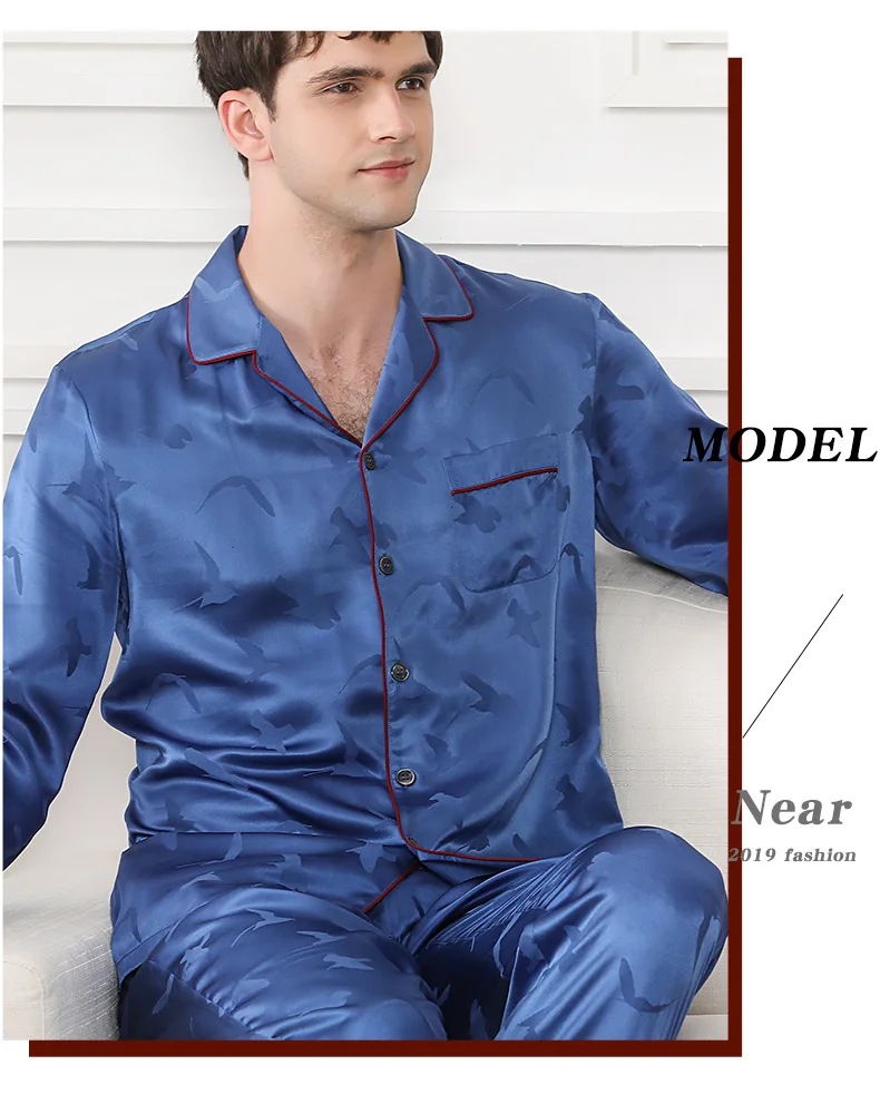 Пижамы наборы мужские шелковые пятна осенние с длинным рукавом Новые 2019 мужские пижамы наборы шелковые пижамы большая Домашняя одежда