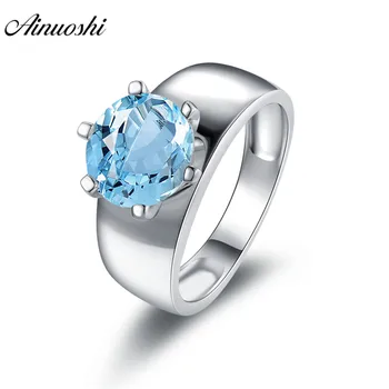 

AINUOSHI Natural Blue Topaz Ring Engagement Wedding Ring Pure 925 Silver Ring Jewelry Wide Band 2.65ct Round Cut Solitaire Ring