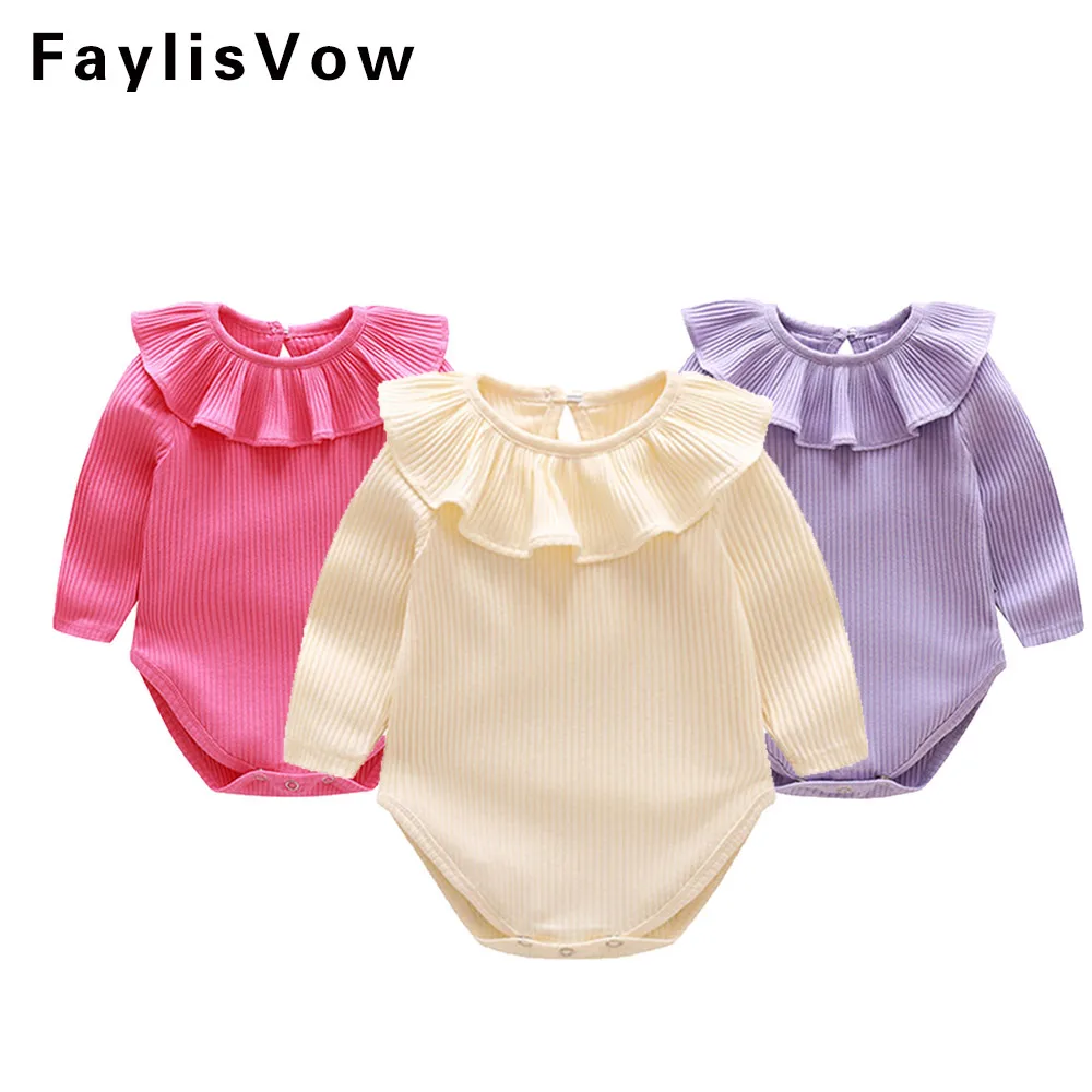 Faylisvow Infant Girls Ruffle Romper Baby Girl's Plain Rompers Jumpsuit Baby Long Sleeve Romper Newborn Girl Clothing 3-24M belted flounce satin ruffle romper