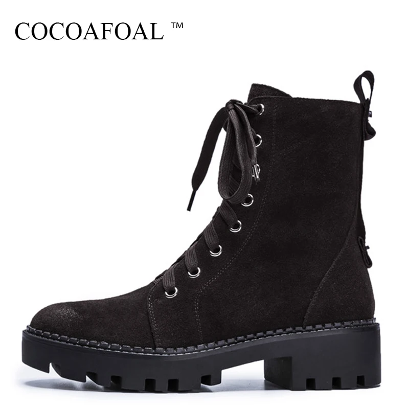 

COCOAFOAL Fashion High Heeled Woman Chivalry Boots Genuine Leather Lace Up Martin Boots Winter Black High Heeled Chelsea Boots