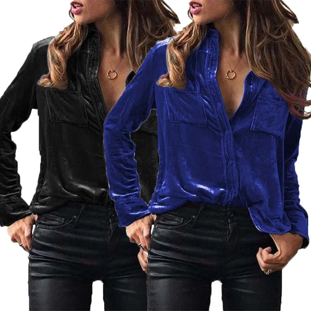 

Feitong 2019 Womens blouses Solid Velvet Turn-dowm Collar Long Sleeve Tops Blouse sexy Coat female autumn