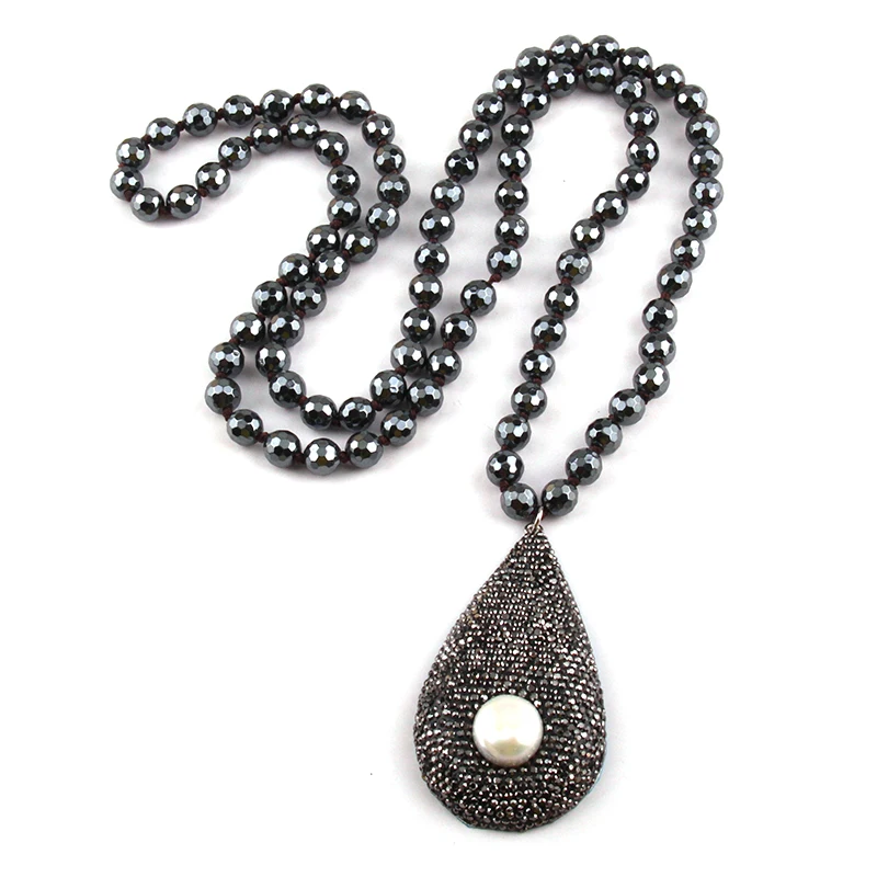 

MOODPC Faceted Hematite Stone Long Knotted Neck Handmade Crystal Paved Pearl Drop Pendant Necklaces Women Ethnic Necklace