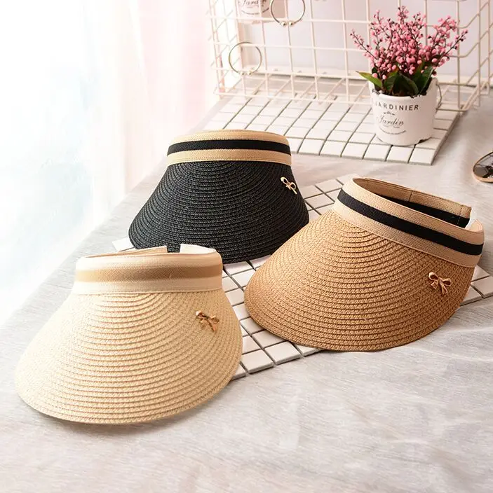

Summer Woman's Straw Sun Hats Bowknot Visor Caps Hand Made DIY Hat Holiday Beach Cap Casual Shade Hat Empty Topless Hat