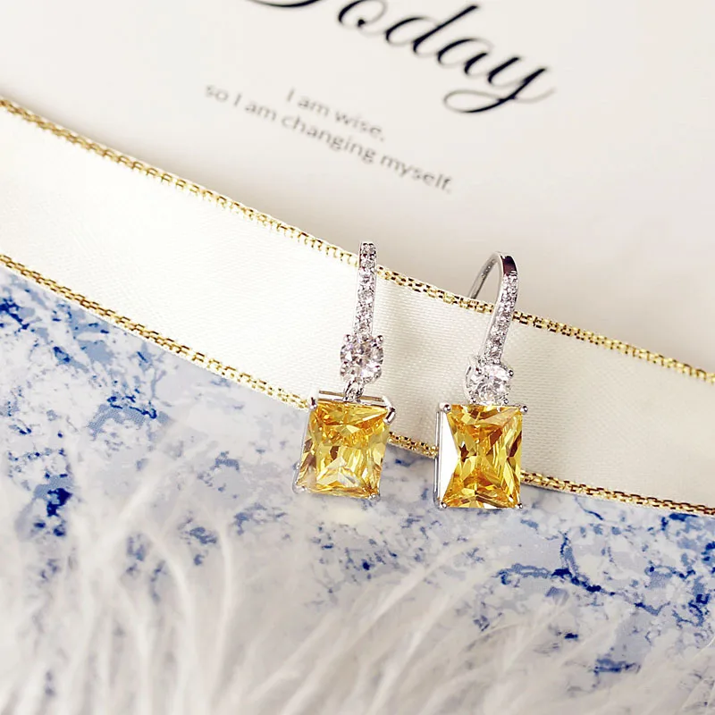 Модные элегантные сверкающие классические продолговатые лимонно-желтый камень кубический цирконий Висячие серьги женские ювелирные изделия белого золота цвет женский