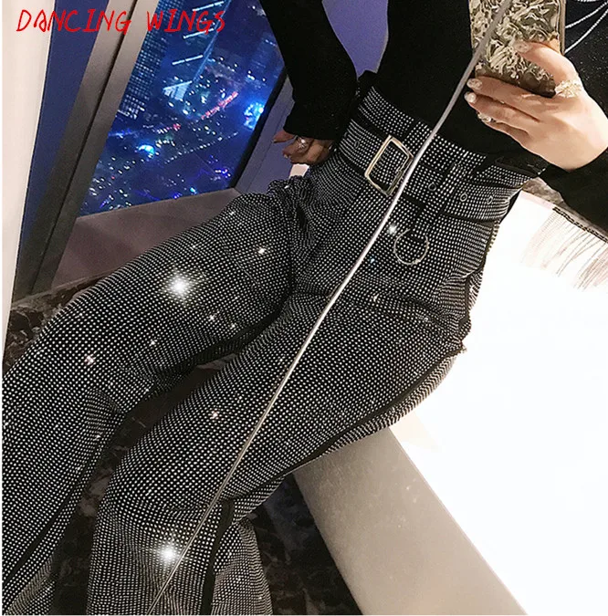 

Spring Women Pants Hot Drilling High Waist Loose Wide Leg Pants Black Casual Long Trousers