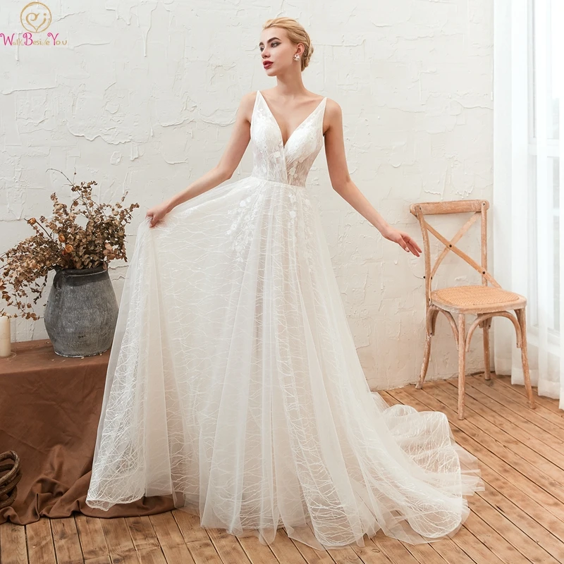 

Boho Deep V Neck A Line Illusion Wedding Dresses 2019 Bridal Gowns Ivory Appliques Lace Up Long Tulle Beach Vestidos De Noiva