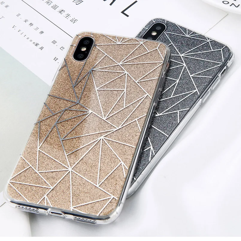 

Glitter Bling Powder Phone Case For iPhone X Geometric Lines Hard PC Back Cover Cases For iPhone 8 7 6 6s Plus